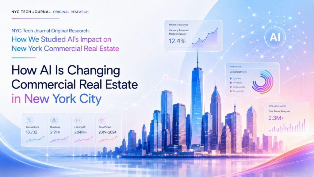 We reviewed Manhattan office leasing data, technology and AI tenant demand, office-to-residential conversion activity, commercial property investment, building emissions rules, and several examples of major AI company leases. We then used those numbers to calculate additional indicators that are not normally presented together.