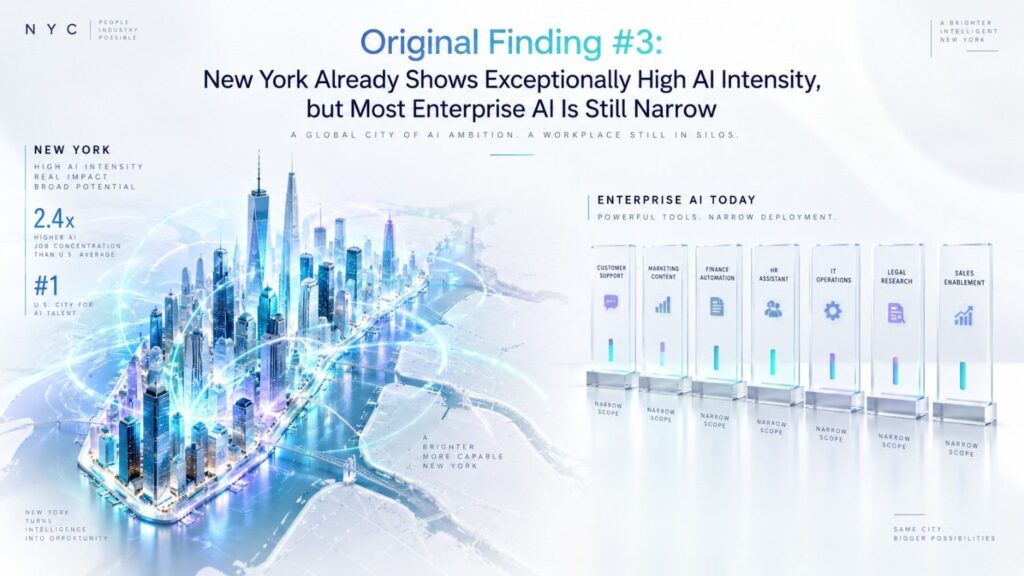 The NYC Comptroller, drawing on that survey and other data, noted that 57% of adopting firms had integrated AI into no more than three business functions. It also described current generative AI use as still heavily centered on writing, document analysis, and information search rather than end-to-end process automation.