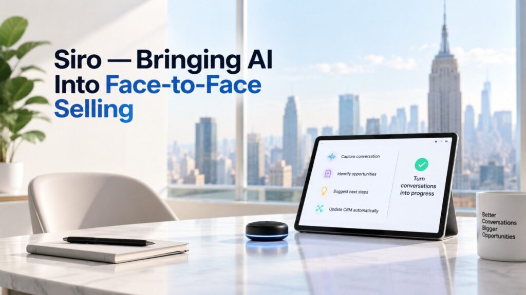 A salesperson can record a conversation through the mobile app. Siro can capture the discussion, provide coaching, prepare follow-up work, update the CRM, and identify parts of the conversation that helped or hurt the deal.