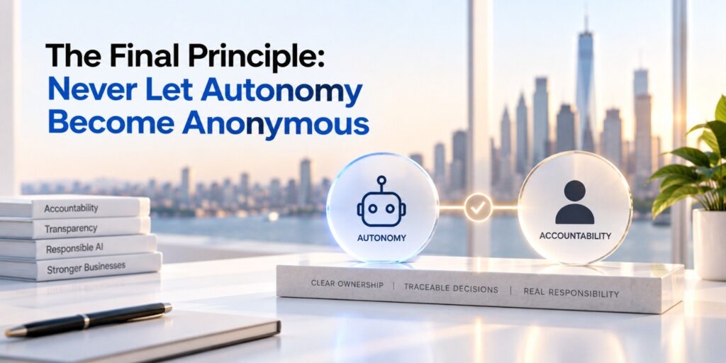 Every important autonomous decision should be connected to a visible chain of authority that includes the business rule, the technical system, the responsible business owner, the monitoring process, and ultimately the organization that chose to deploy the agent.